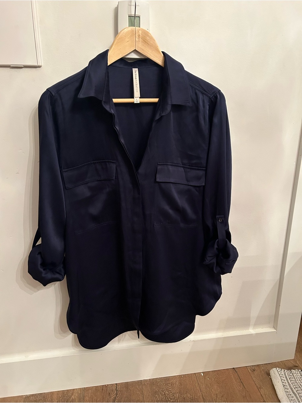 Aritzia Babaton Satin Navy Utility Shirt